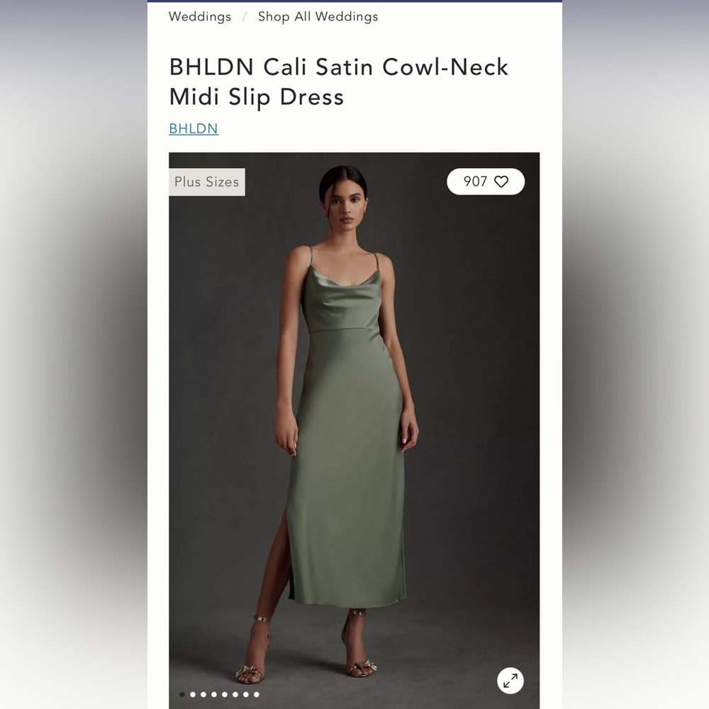 BHLDN Cali Satin Cowl-Neck Midi Slip Dress (In the color MOSS)